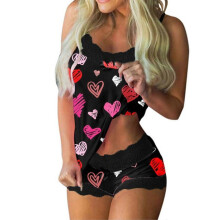 (XXL, Pink) Womens Sexy Printing Lace Sling Sleeveless Tank Tops Splicing Shorts Casual Set