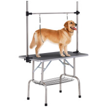 PawHut 42" Foldable Dog Grooming Table Adjustable Pet Cat Drying Beauty Table Rubber Top with 2 Loops Storage Basket Metal Black
