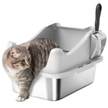 PawHut Cat Litter Tray Stainless Steel, Cat Litter Box High Sided with Metal Litter Scoop for Small Kittens, Never Absorbs Odors, Anti Leakage & Easy