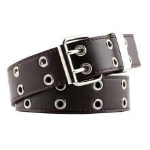 (Brown) Women Punk Pu Leather Belt Double Grommet Adjustable Waist Belt Jean Belt