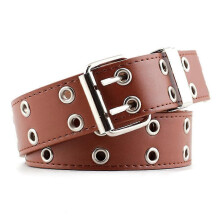 (Light Brown) Women Punk Pu Leather Belt Double Grommet Adjustable Waist Belt Jean Belt