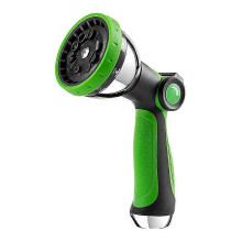 Tuinslangsproeier met 10 instelbare sproeistanden, duimbediening voor ergonomisch gebruik en lekvrije aansluiting.