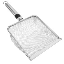 Paletta per lettiera per gatti in acciaio inox con manico lungo e setaccio a maglia fine per una separazione efficiente dei rifiuti.