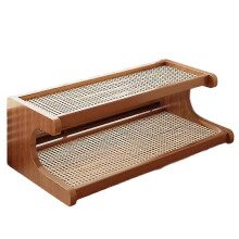 Scaffale portaoggetti a due livelli in legno per angolo caffè e tè, con struttura in bambù e ripiano in rattan sintetico.