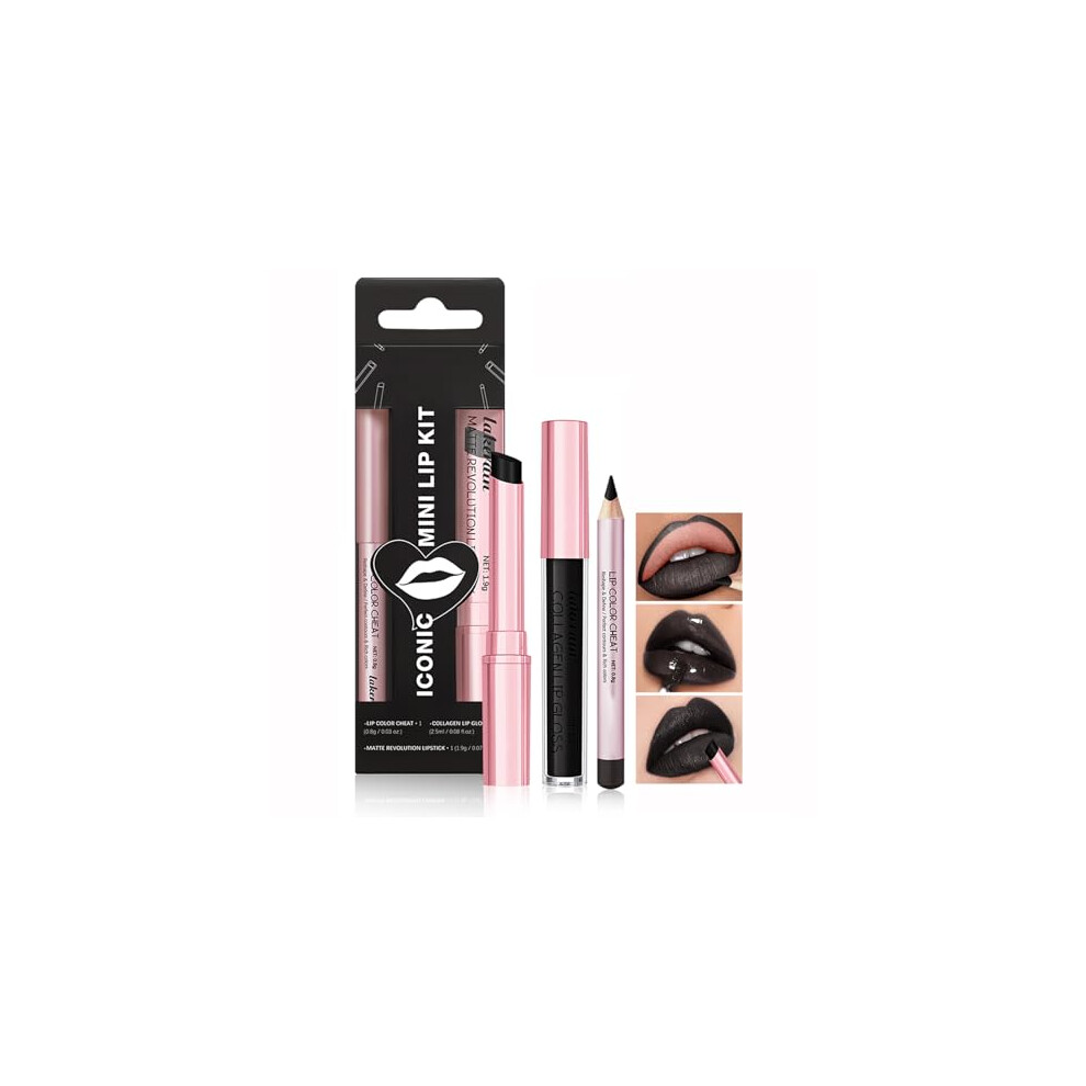 Petansy Black 3Pcs Matte Lipstick Set, Lipstick+Lip Liner+Lip Gloss,Richly Pigmented Velvety Lip Stain,Nourishing & Long-Lasting Creamy Lipstick,Vegan