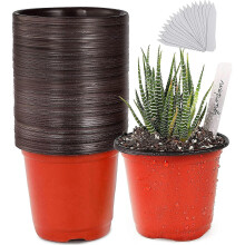 4 Inch Plastic Plant Pots 50pcs with Labels, Small Nursery Pots for Seedlings with 8 Drainage Holes