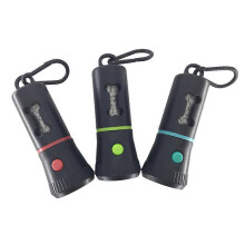 Dispenser sacchetti feci cane con luce LED integrata, design compatto e apertura a strappo a forma di osso