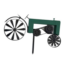 Green Vintage Tractor Wind Spinner with Turning Wheels, Iron Garden Stake Spinner