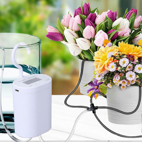 DIY Automatic Drip Irrigation Kit with Timer for Potted Plants, 2000mAh Battery, 2 Sprinklers, White