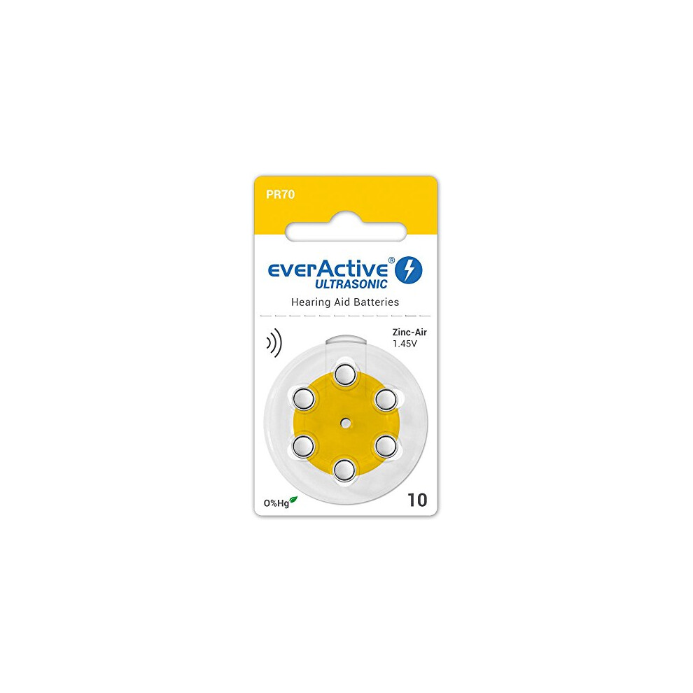 Everactive 10, 6 Pack, Hearing Aid Batteries, High Performance, Zinc Air Batteries, 1 Blister Card, 4 Year Shelf Life, Ultrasonic Pr70, Yellow 5902020523154