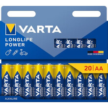 VARTA Batteries AA Pack of 20, Longlife Power, Alkaline, 1.5 V, Ideal for Toys, Wireless Mouse, Torches, Plastic-Free Packaging, Made in Germany