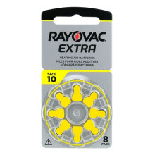 Rayovac Extra 10, 8 pieces, hearing aid batteries, high performance, zinc air batteries, 1 blister card, yellow - 10AUX-8XEMF