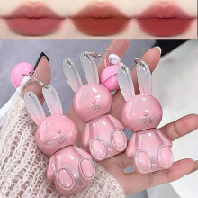 2 IN 1 Cute Bunny Lip Gloss Keychain Lipstick Set,Red Pink Brown Liquid Velvet Matte Lipstick Long Lasting Waterproof 3 Pcs
