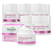Simple Repairing Rich Face Cream moisturiser with 22% ceramide boosters, organic cica and provitamin B5 for a stronger skin barrier repairs and