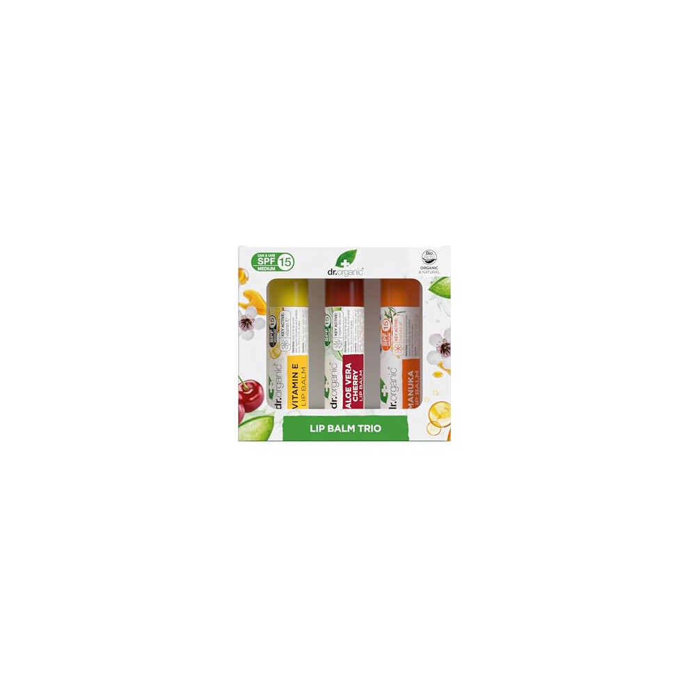Dr. Organic Dr Organic - Assorted Lip Balm Trio - Spf 15 Protection - Vitamin E, Aloe Vera Cherry & Manuka - Vegetarian, Cruelty, Paraben & Sls Free - 5.7Ml - 3
