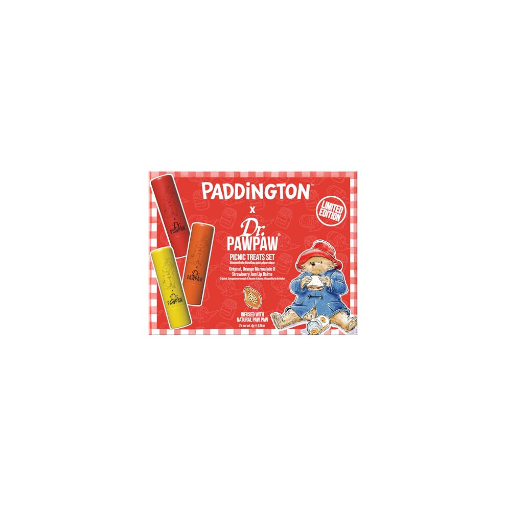 Dr. Pawpaw Original Balm Dr.pawpaw X Paddington Picnic Treats Lip Balm Set 3 X 4G, Original Orange Marmalade And Strawberry Jam Lip Balms, Vegan Hydrating Pawpaw Lip Care Gift
