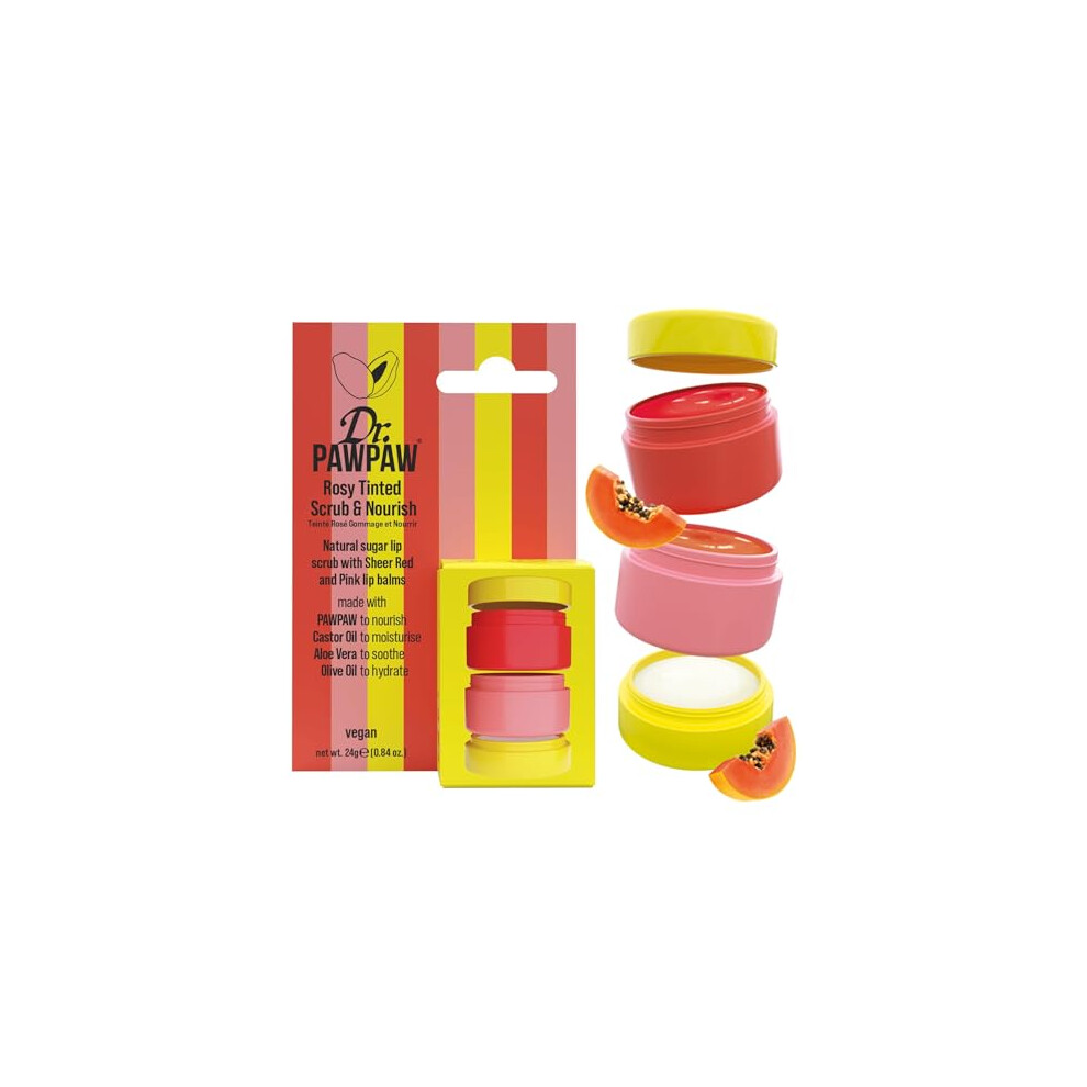 Dr. Pawpaw Original Balm Pink/Red Dr.pawpaw Scrub And Nourish Rosy Tinted Lip Balm Collection 24G, Natural Sugar Lip Scrub With And Tinted Balms, Hydrating Exfoliating Lip