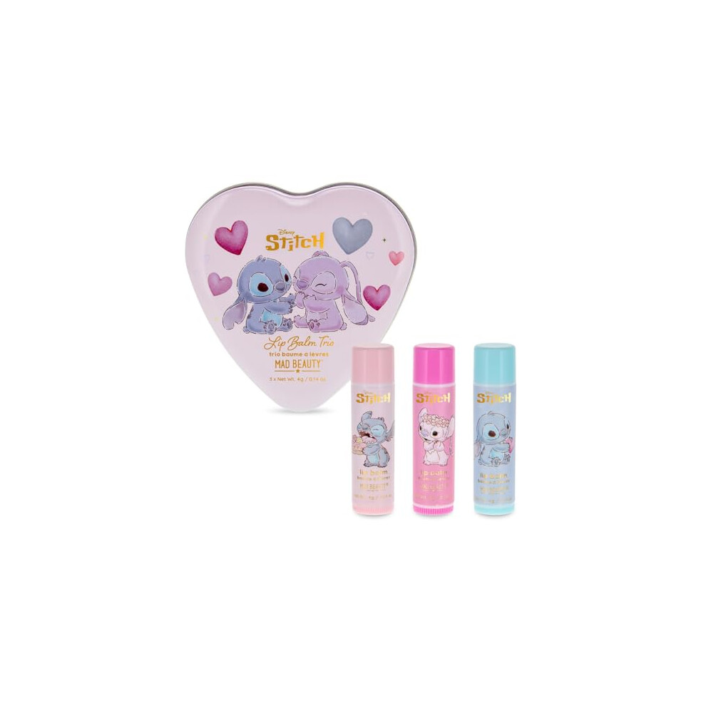 Mad Beauty Disney Stitch And Angel Lip Balm Trio | Officially Licensed | I Heart Stitch | Raspberry Blueberry Vanilla | Collectible Tin | Nourishing Lip Balm