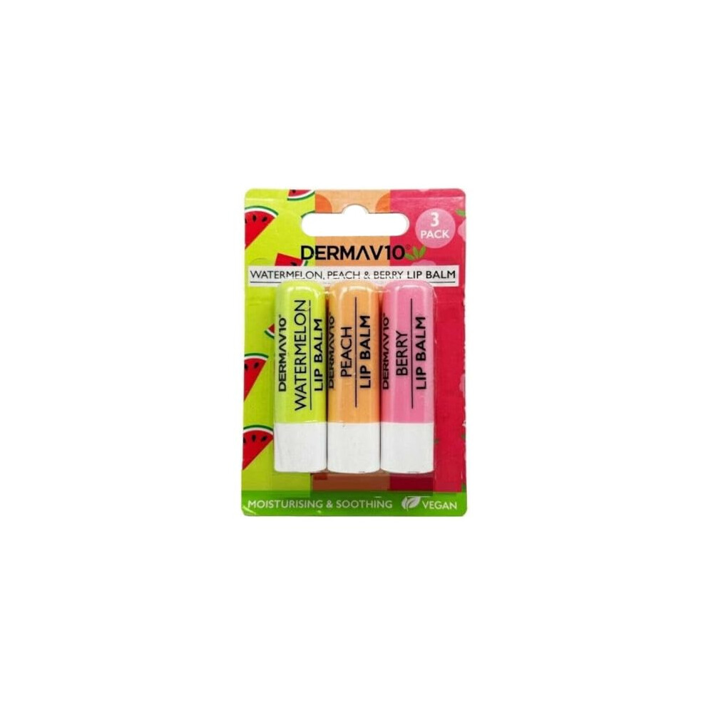 Smart Cutie Peach 3X Derma V10 Lip Balms - Watermelon, Berry - Bundled By