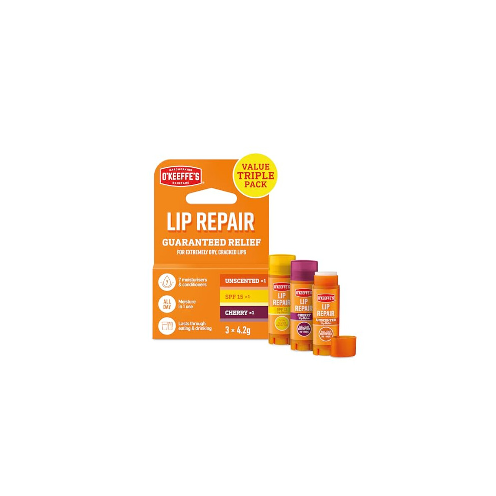 O'keeffe's Lip Repair Multipack, 3 X 4.2G Â Contains Unscented, Spf And Cherry - For Extremely Dry, Cracked Lips | All-Day Moisture With 7