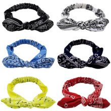TRKETK 6 Pieces Elastic Paisley Bandanas, Boho Knot Retro Headbands Wide Adjustable Hair Bow Decor Cute Rabbit Ear Headwraps Accessories for Girls and