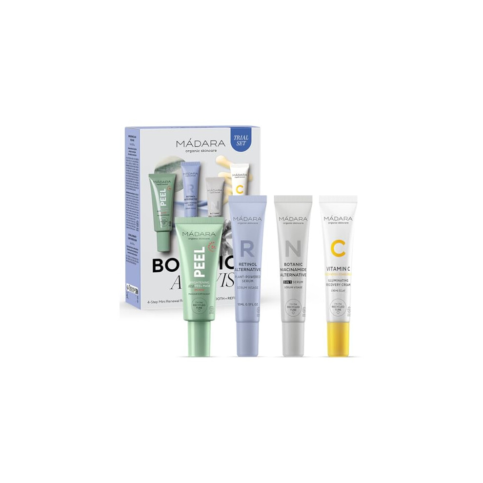 Madara MãDara Botanic Activist 4-Stage Mini Renewal Kit - Aha Scrub, Retinol Alternative, Niacinamide Serum & Vitamin C Cream - Natural Skincare Gift