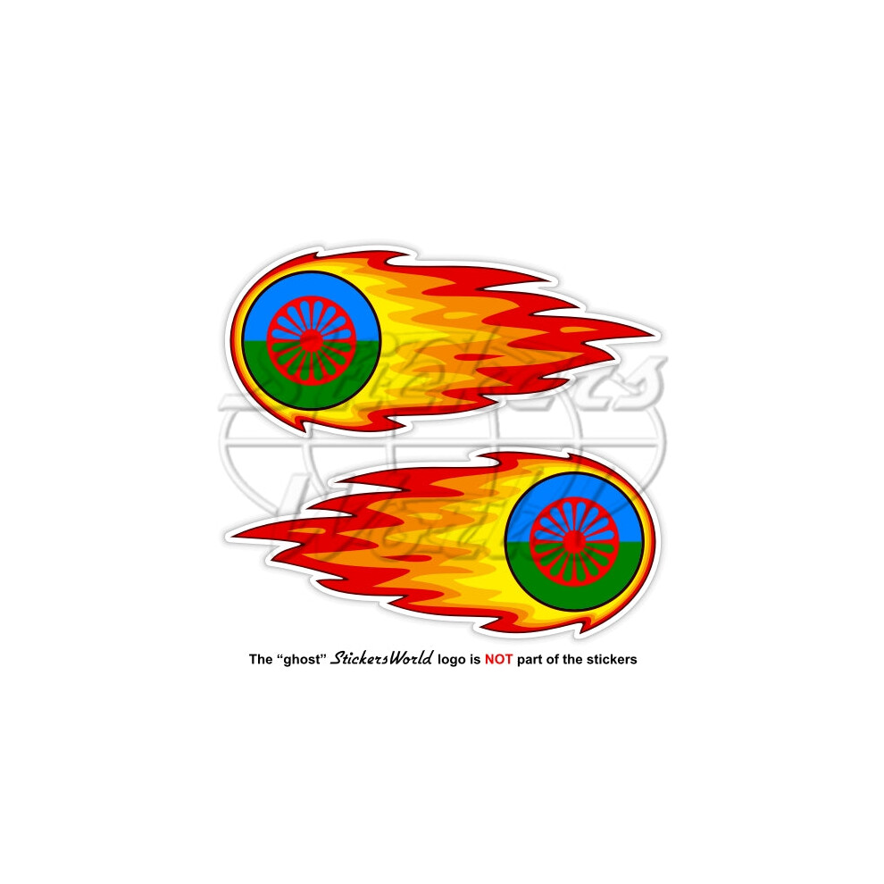 Romani People Fireball, Flaming Flag 125Mm (5") Stickers X2, Roma Sinti Kale Dom 691024694148