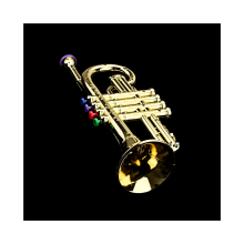 Tromba giocattolo musicale per bambini, strumento a fiato in ABS color oro con 4 tasti colorati.