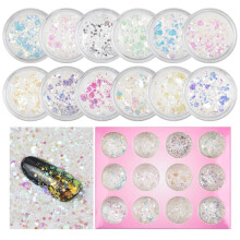 Dekorative negledekaler med spidser, kreativt holografisk glitter neglekunst design, iriserende negleflager, neglespidser
