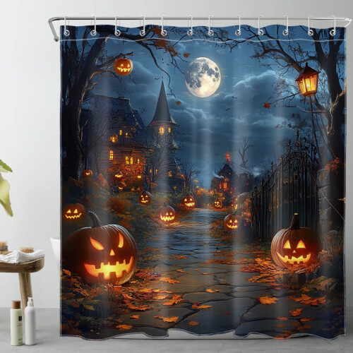 Halloween-Duschvorhang mit Kürbis und Ahornblatt,