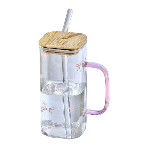 Firkantet glas med låg og sugerør 400 ml