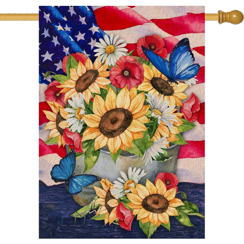 Bandeira de jardim patriótica com girassóis, 71 x 102 cm (28 x 40 polegadas).