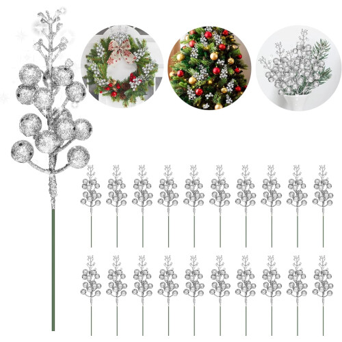 Artificial Holly Berries Stems Silver 9 inch 20 pcs