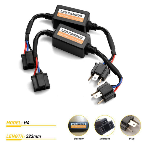 2 Stück H4 LED CANbus Decoder 9 bis 16 V Plug and Play gegen Flackern für LED Scheinwerfer mit Widerstand