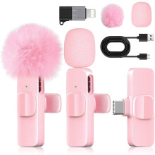 Draadloze lavaliermicrofoon met ruisonderdrukking, direct klaar voor gebruik, roze, geschikt voor iPhone en Android apparaten