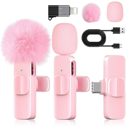 Wireless Lavalier Microphone with Noise Cancellation, Plug and Play, Pink Compatible with iPhone and Android Devices