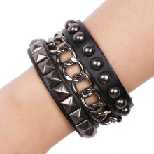 Meerlagige leren armband met rivetten, zwarte manchetarmband met ketting en studs, verstelbaar, uniseks, meerdere kleuren