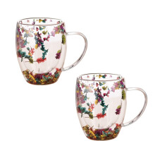 2 stuks dubbelwandige glazen beker met handvat en droogbloemen, hittebestendig, transparant, 250 ml