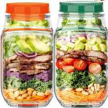 2 stuks saladebeker met zijopening, lekvrije saladepotten met dressinghouder voor lunch, oranje en groen, herbruikbaar kunststof