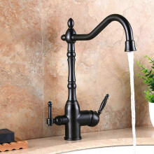 Grifo de cocina de tres vías de latón macizo negro con doble maneta y caño giratorio de 360 con filtro
