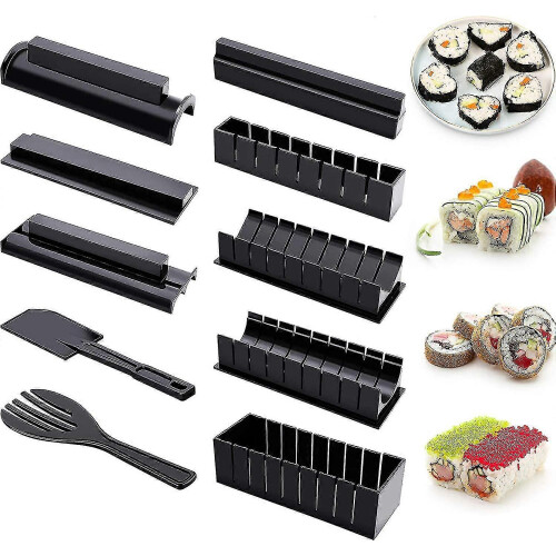 Sushi Making Kit for Beginners, 10 Piece Plastic Sushi Maker Set with 8 Rice Roll Molds, Fork and Spatula for Home Use