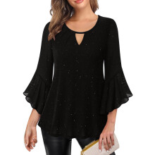 Women's shimmering ruffled 3/4 sleeve long cover-up,-Black M