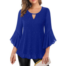 Women's shimmering ruffled 3/4 sleeve long cover-up,-Blue M