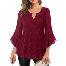 Women's shimmering ruffled 3/4 sleeve long cover-up,-Burgundy M