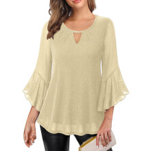 Women's shimmering ruffled 3/4 sleeve long cover-up,-Beige M