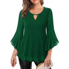 Women's shimmering ruffled 3/4 sleeve long cover-up,-Green S