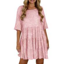 Sparkly Glitter Dress, Sequin Babydoll Summer Dress-Pink M