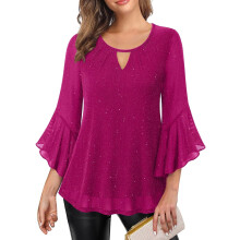 Women's shimmering ruffled 3/4 sleeve long cover-up,-rose red S