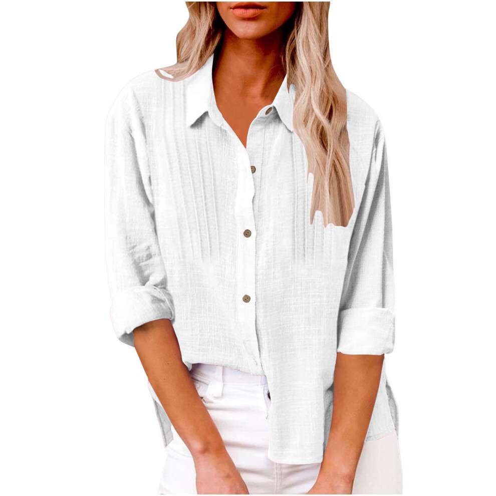 White Women's Elegant Linen Cotton Lapel Neck Fold Shirt Long- M