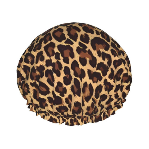 Cuffia da doccia impermeabile con stampa leopardata per donna e uomo, riutilizzabile a doppio strato, resistente e confortevole